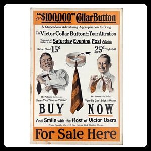 1920s Victor Collar Button Antique Advertising Sign 21" Cardboard Chicago